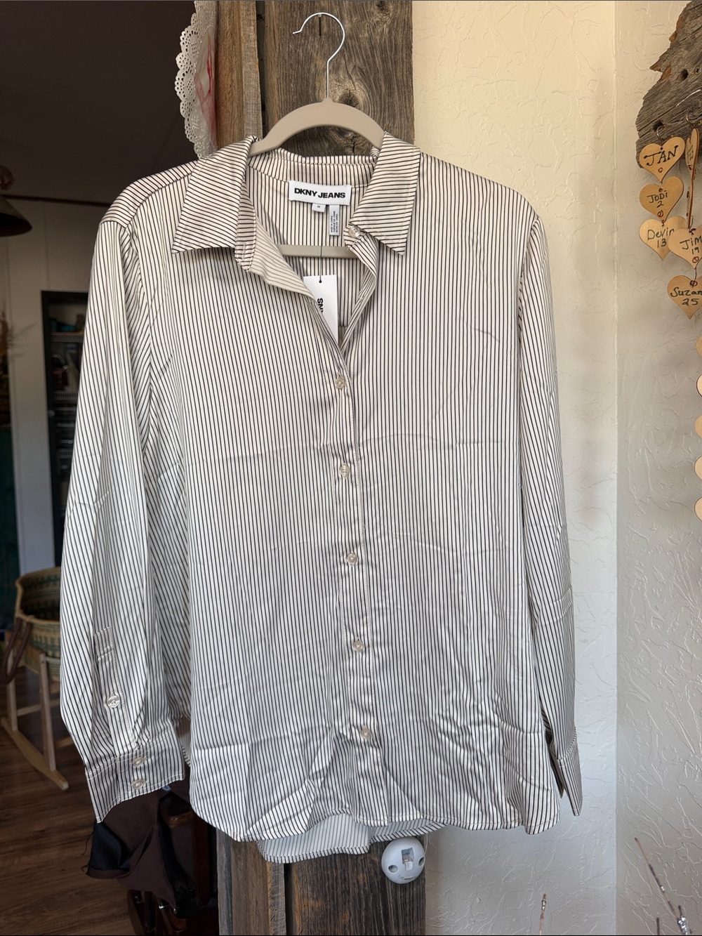 DKNY Women’s Cream Shirt with Thin Black Pinstripes